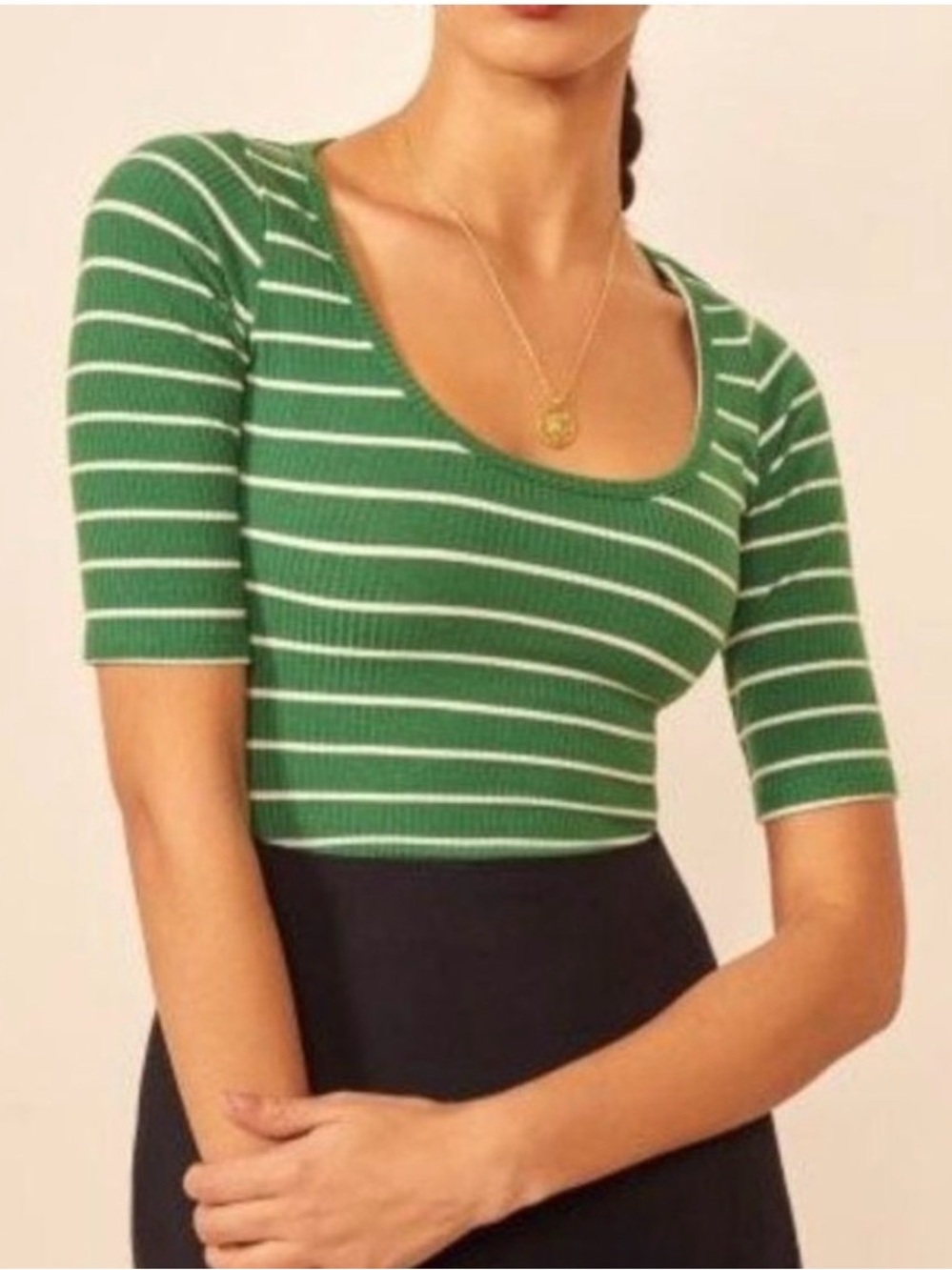 NWT Reformation Delia Green Striped Scoop Neck Rib Knit Top XS